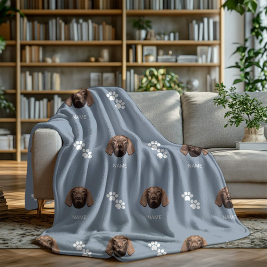 Gray blanket with dog faces and paw prints on a couch in a living room setting.