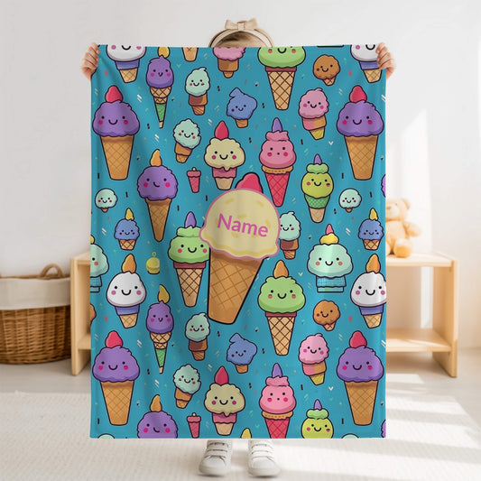 personalized kid blanket with kid name and cute ice creams