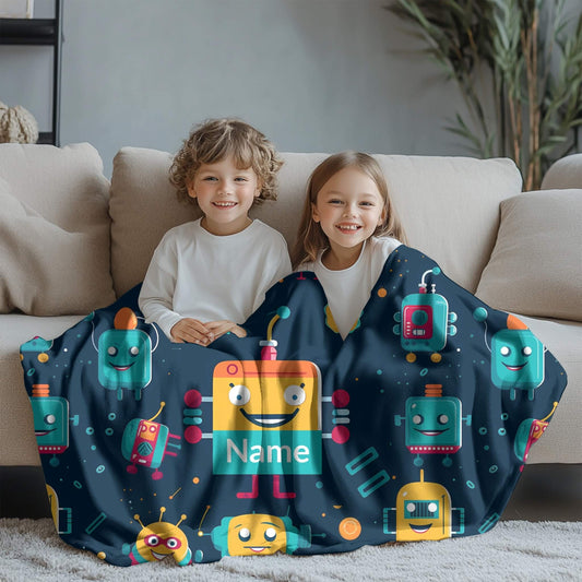 Robot Pattern 1 + Kid Name | Personalized Blanket