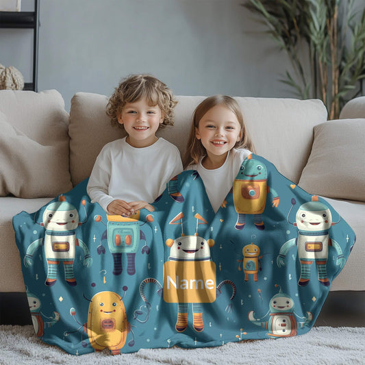 Robot Pattern 10 + Kid Name | Personalized Blanket