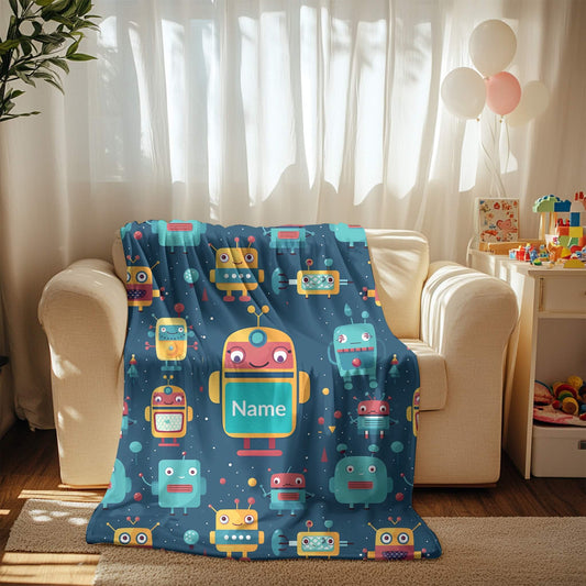 Robot Pattern 2 + Kid Name | Personalized Blanket