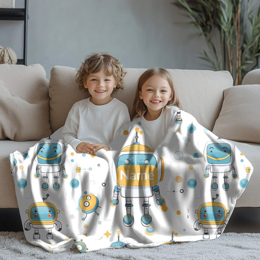 Robot Pattern 3 + Kid Name | Personalized Blanket