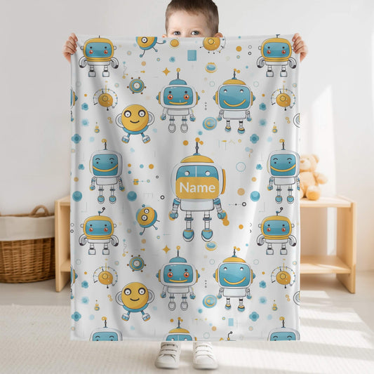 Robot Pattern 3 + Kid Name | Personalized Blanket