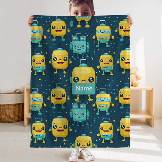 Robot Pattern 4 + Kid Name | Personalized Blanket