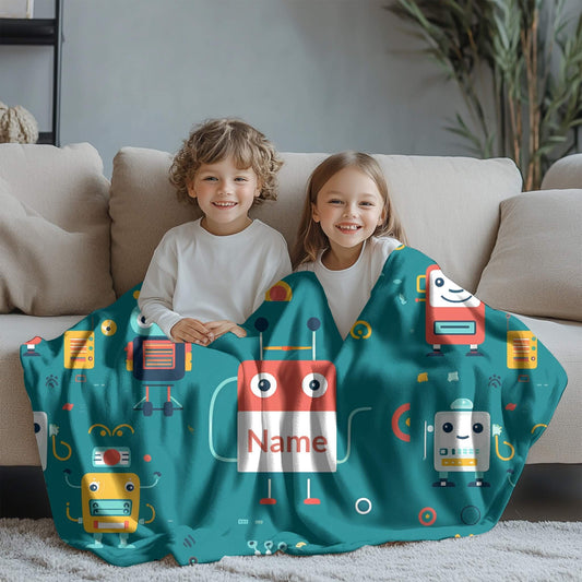 Robot Pattern 5 + Kid Name | Personalized Blanket