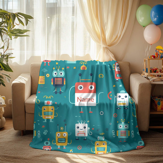 Robot Pattern 5 + Kid Name | Personalized Blanket