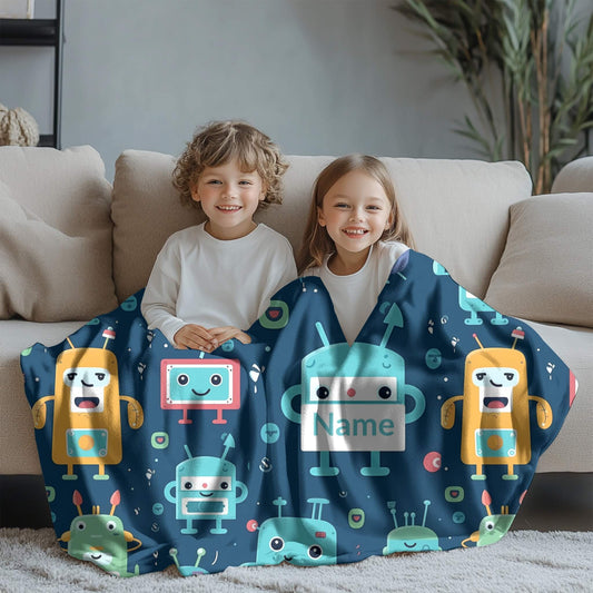 Robot Pattern 6 + Kid Name | Personalized Blanket