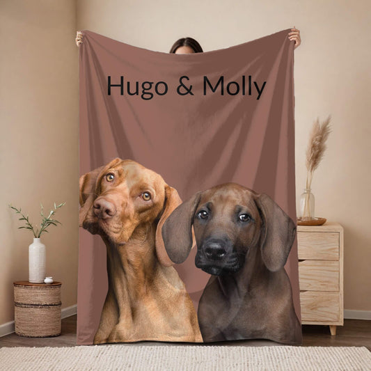 Person holding a blanket with two dogs' faces and names 'Hugo & Molly' on a beige wall.