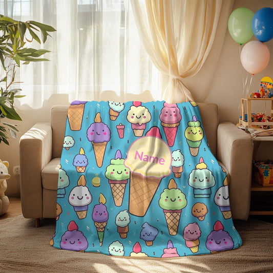 Ice Cream Pattern 10 + Kid Name | Personalized Blanket