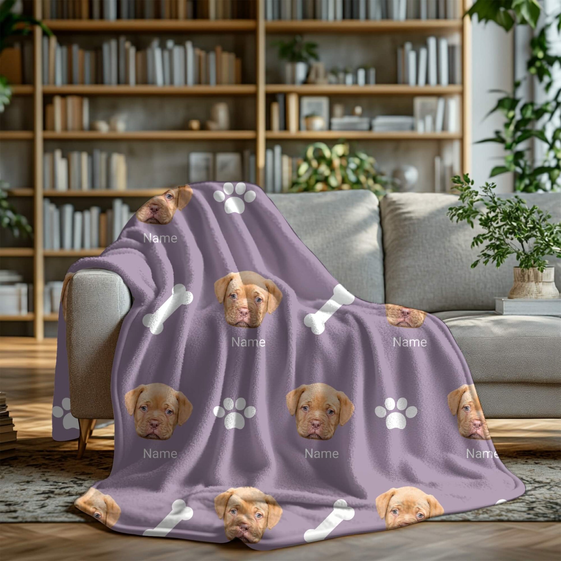 Purple blanket with dog faces and paw prints on a couch in a living room setting.