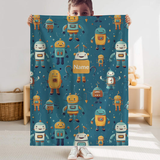 Robot Pattern 10 + Kid Name | Personalized Blanket