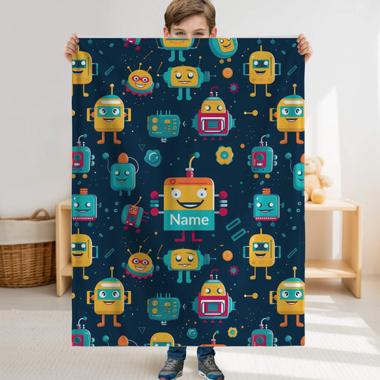 Robot Pattern 1 + Kid Name | Personalized Blanket
