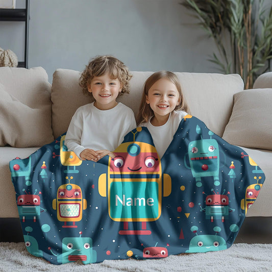 Robot Pattern 2 + Kid Name | Personalized Blanket