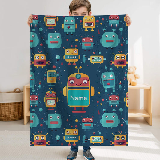 Robot Pattern 2 + Kid Name | Personalized Blanket