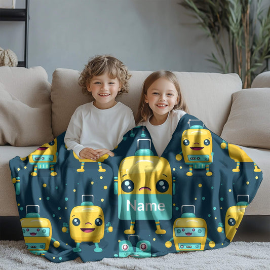 Robot Pattern 4 + Kid Name | Personalized Blanket
