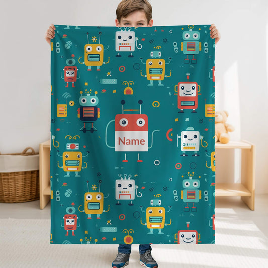 Robot Pattern 5 + Kid Name | Personalized Blanket