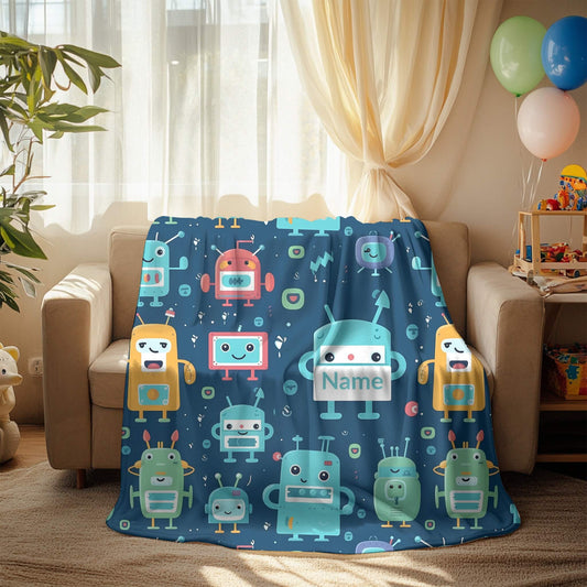 Robot Pattern 6 + Kid Name | Personalized Blanket