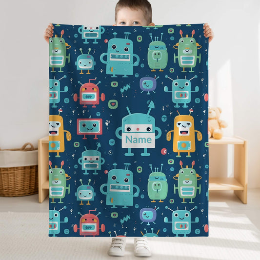 Robot Pattern 6 + Kid Name | Personalized Blanket