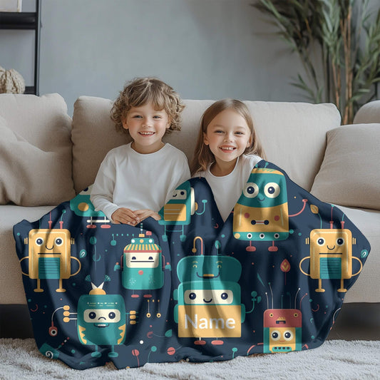 Robot Pattern 7 + Kid Name | Personalized Blanket
