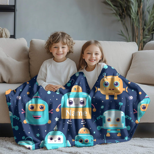 Robot Pattern 8 + Kid Name | Personalized Blanket