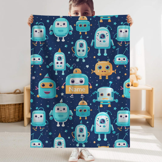 Robot Pattern 8 + Kid Name | Personalized Blanket