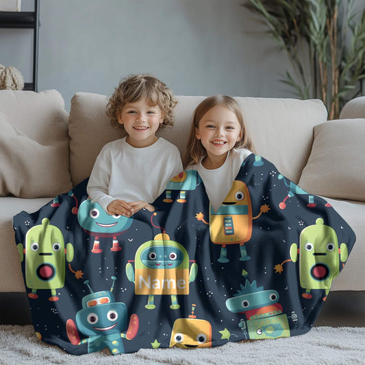 Robot Pattern 9 + Kid Name | Personalized Blanket