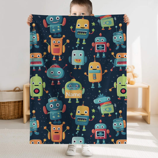 Robot Pattern 9 + Kid Name | Personalized Blanket