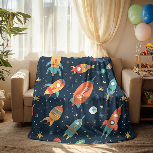 Rocket Pattern 2 + Kid Name | Personalized Blanket