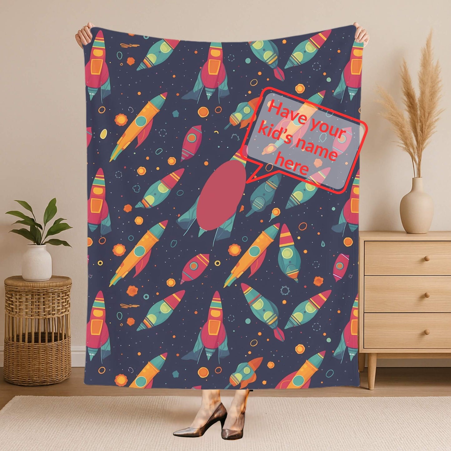 Rocket Pattern 6 + Kid Name | Personalized Blanket