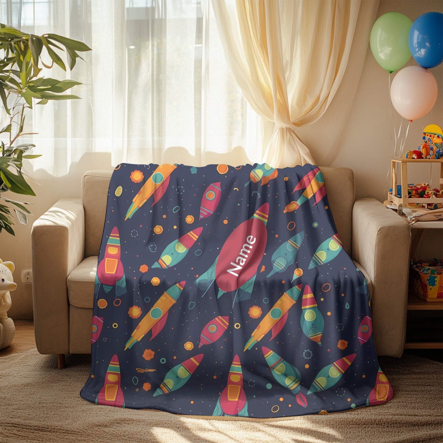 Rocket Pattern 6 + Kid Name | Personalized Blanket