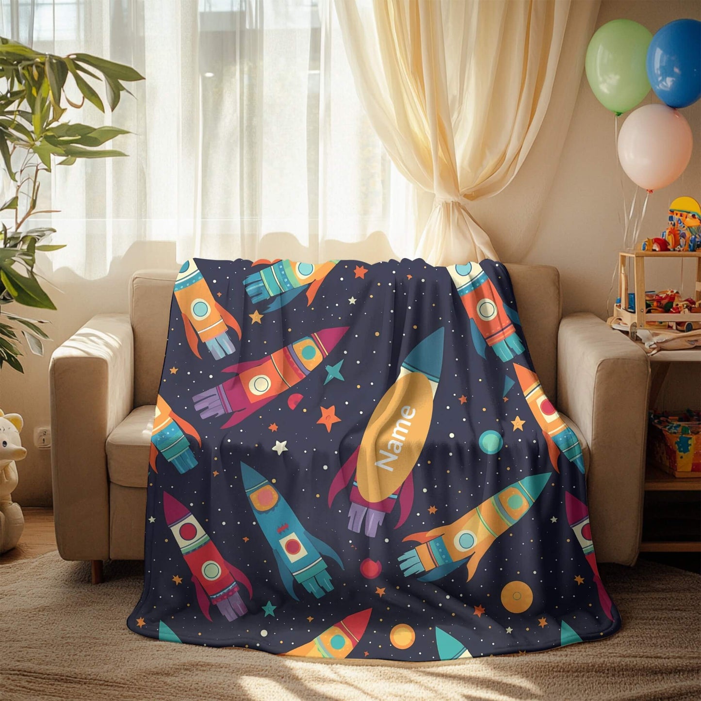 Rocket Pattern 8 + Kid Name | Personalized Blanket