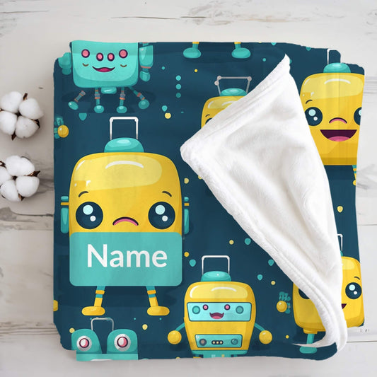 Robot Pattern 4 + Kid Name | Personalized Blanket