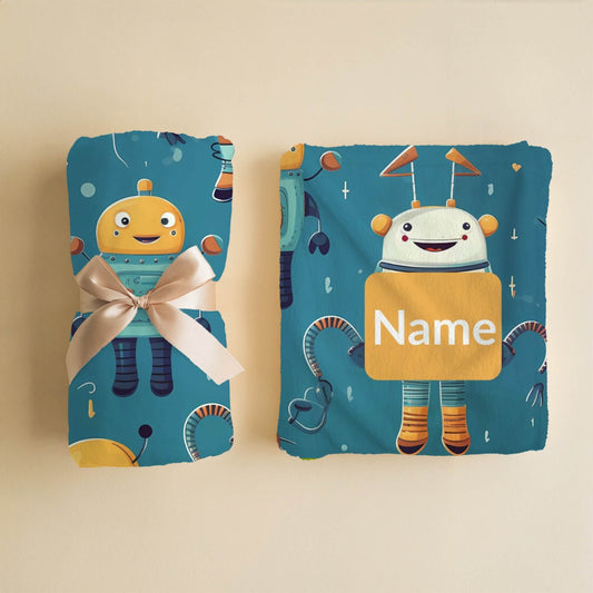 Robot Pattern 10 + Kid Name | Personalized Blanket