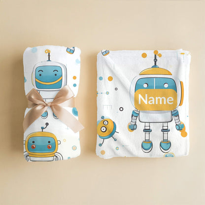 Robot Pattern 8 + Kid Name | Personalized Blanket