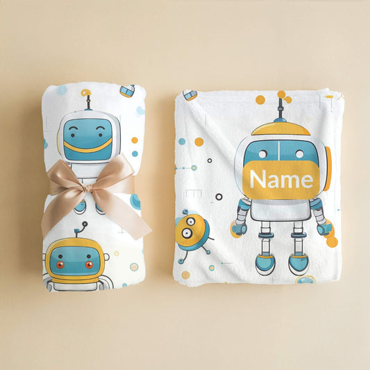 Robot Pattern 3 + Kid Name | Personalized Blanket